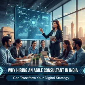 A diverse team meeting with an Agile consultant in an Indian city office, discussing a digital strategy diagram